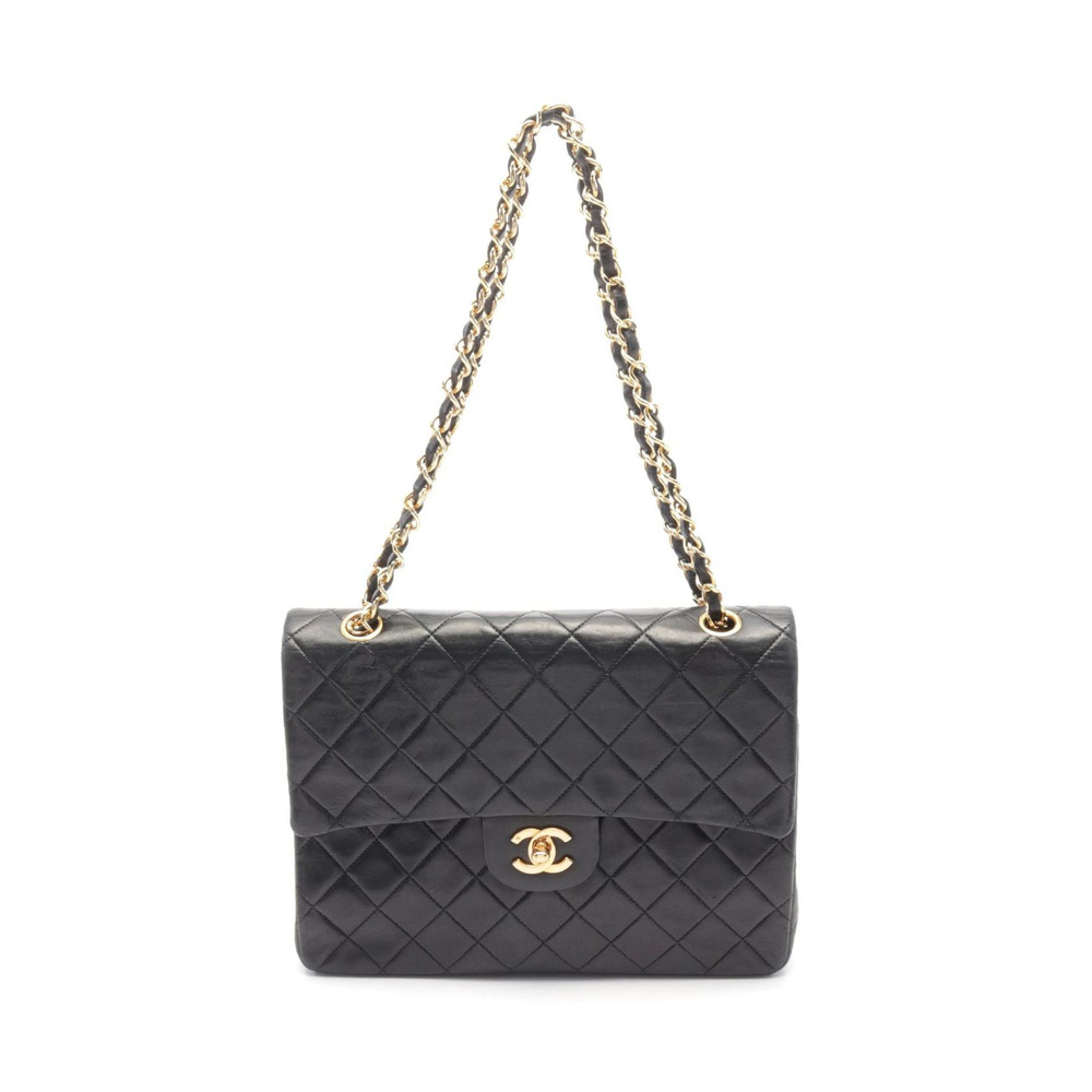 Chanel Matelasse Double Flap Shoulder Bag Lambskin Sheepskin Black